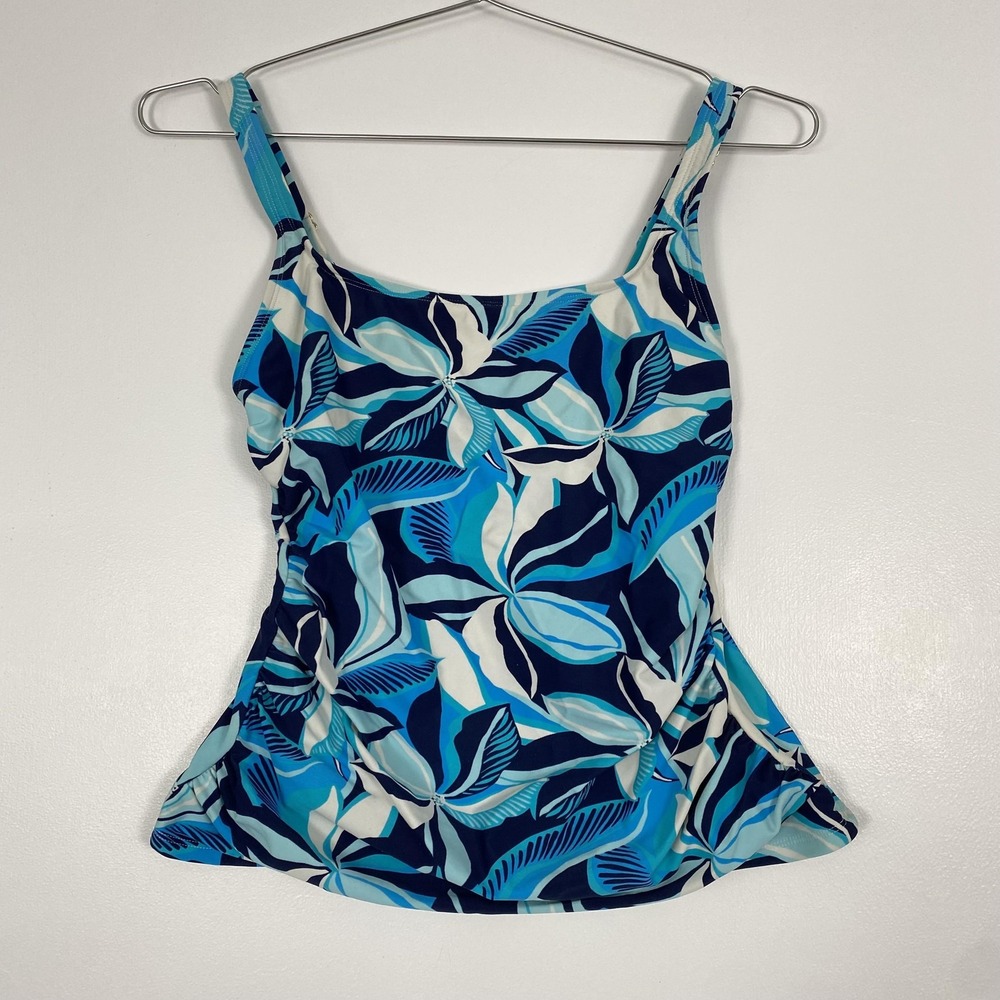 Ellen Tracy Tankini Womens Medium Blue Tropical‎ Floral Padded Swim Top